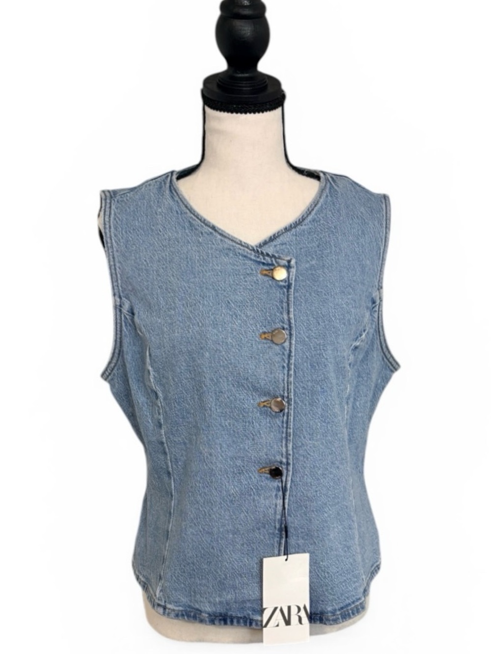 Zara Denim Vest XL BNWT Light‎ Wash Button Front Waistcoat 90s Western
